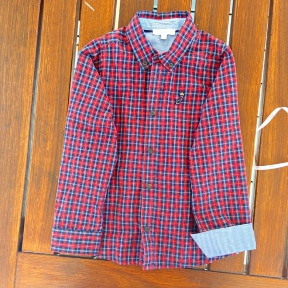 Jacadi Boy's Plaid Shirt with Contrast Detail Cuff in Size 5 EUC